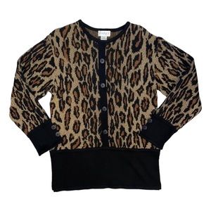VINTAGE 90s Semplice Wool Leopard Animal Print Faux Button Front Tunic Sweater M